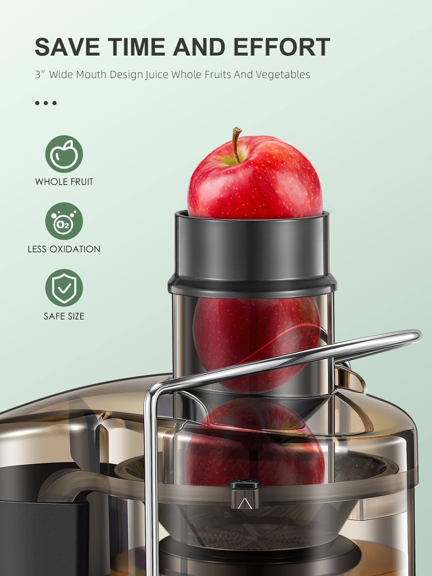 QCen juicer wide mouth 3 inch for easy, quick prep