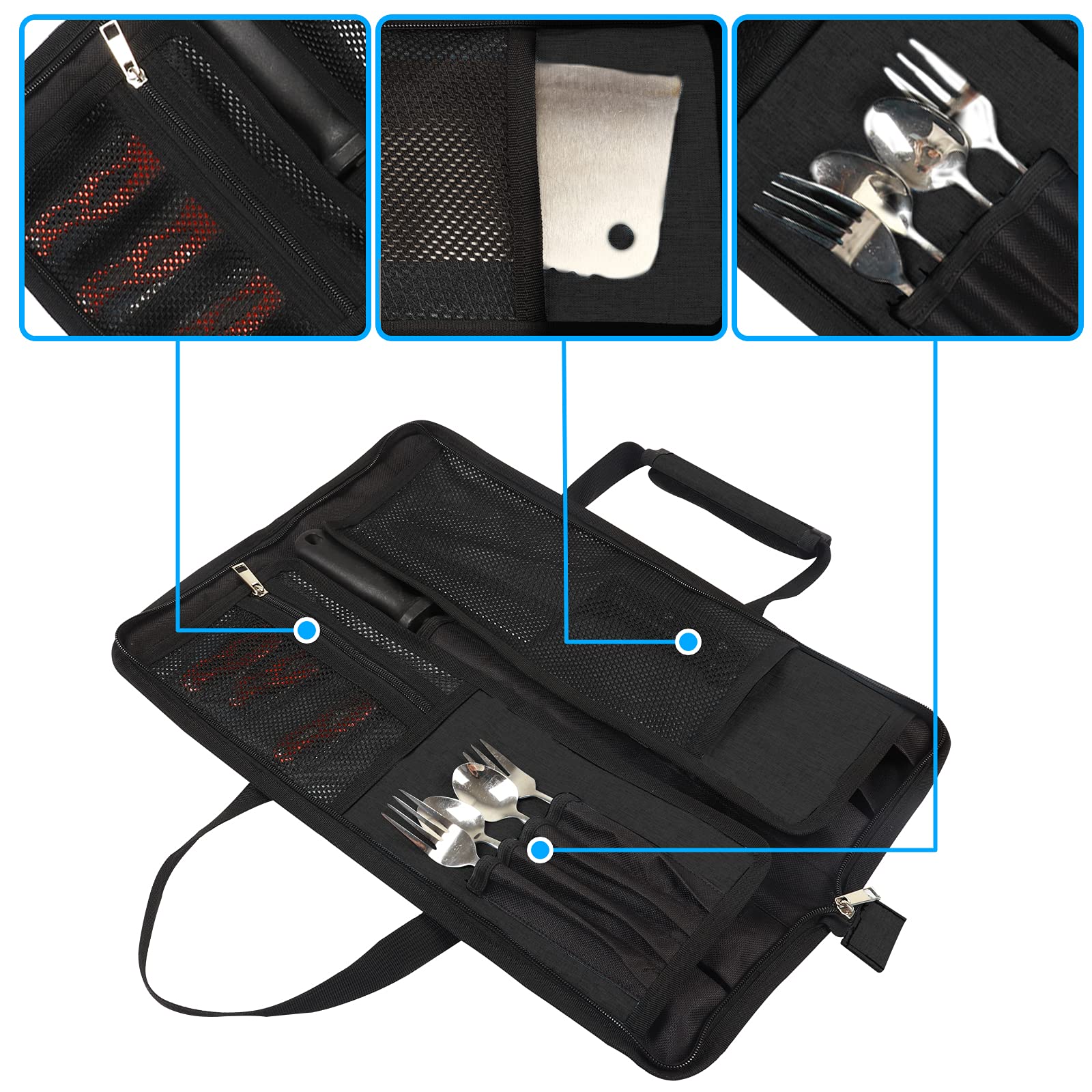 Two mesh pockets store extra tools or a blade sharpener for quick access.
