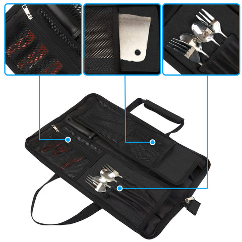 Two mesh pockets store extra tools or a blade sharpener for quick access.