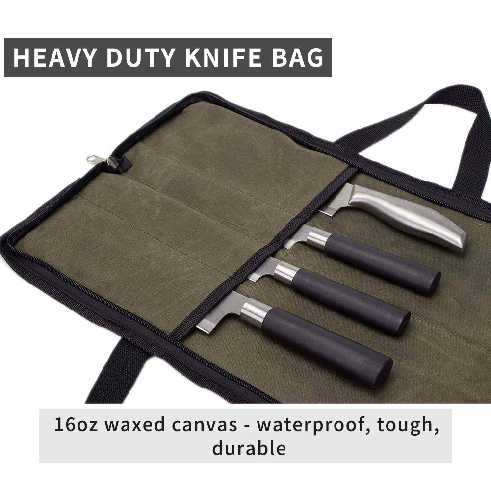 QEES knife roll supports storage of honing steels, steak knives, boning knives, and more.