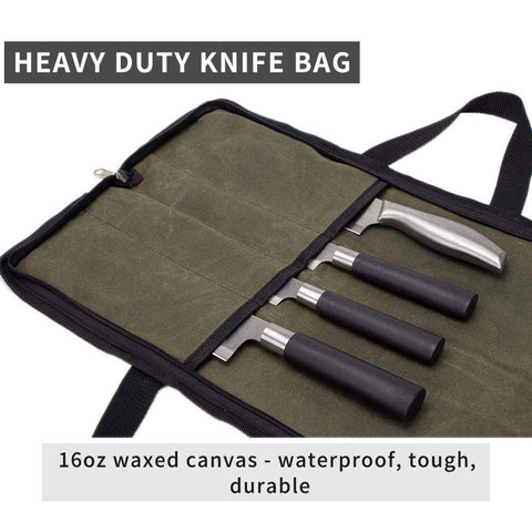 QEES knife roll supports storage of honing steels, steak knives, boning knives, and more.