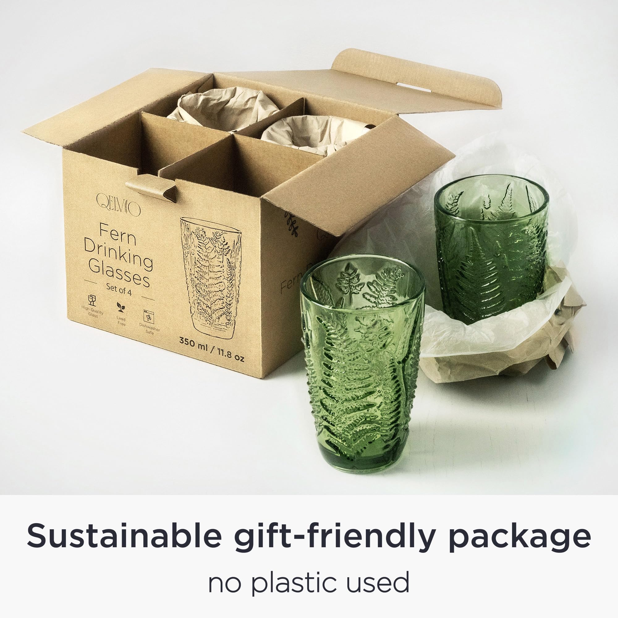 QELVIO fern-embossed glass set enhances table styling.