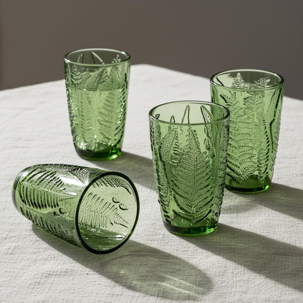 QELVIO 12oz green hand-pressed glass with solid color.