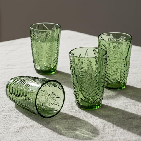 QELVIO 12oz green hand-pressed glass with solid color.