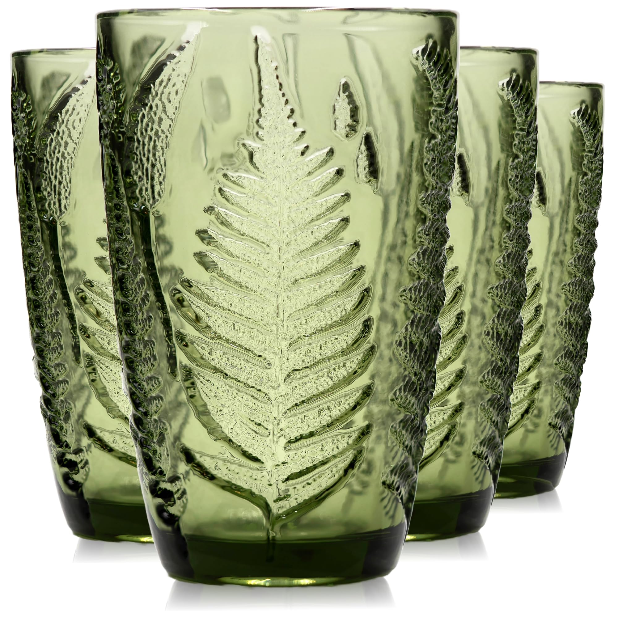 QELVIO green fern-embossed highball glass showing tactile texture.