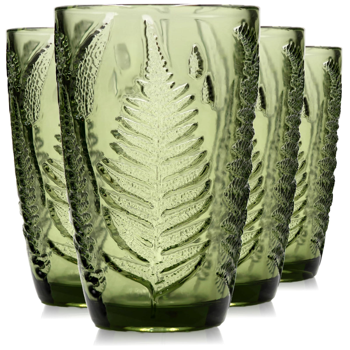 QELVIO green fern-embossed highball glass showing tactile texture.