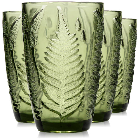 QELVIO green fern-embossed highball glass showing tactile texture.