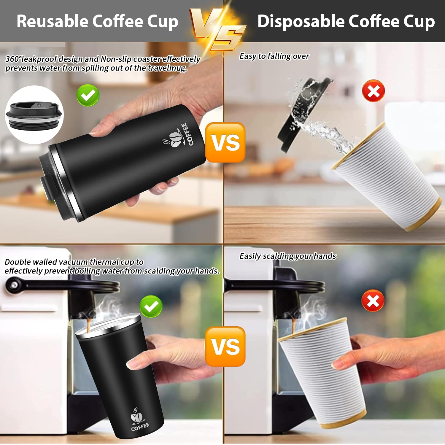 QEMAUUA 510ml capacity mug; fits most cup holders and desks.