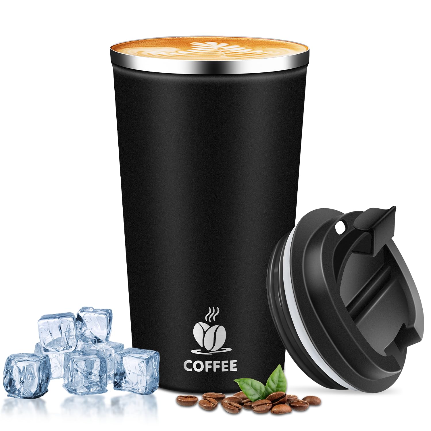 QEMAUUA insulated travel mug front view; keeps drinks hot or cold on the go.