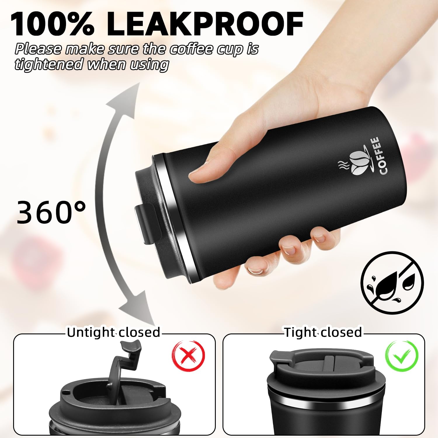QEMAUUA mug with lid closed highlights leak-proof seal for travel.
