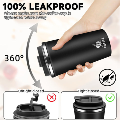 QEMAUUA mug with lid closed highlights leak-proof seal for travel.