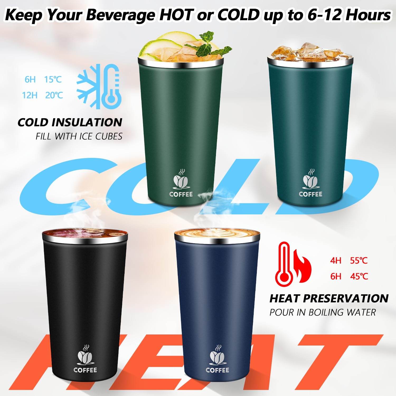 QEMAUUA stainless steel mug body; durable and rust-resistant for daily use.