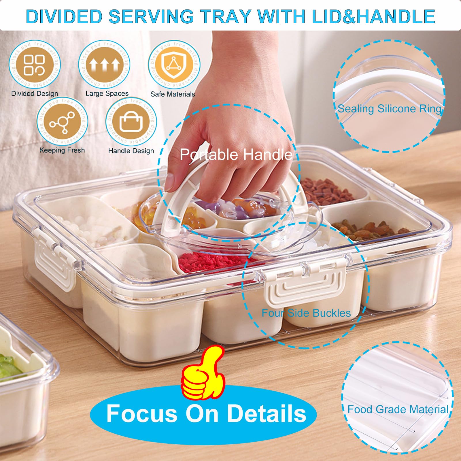 Qeosvve Snackle Box features dressing containers for sauces and dips