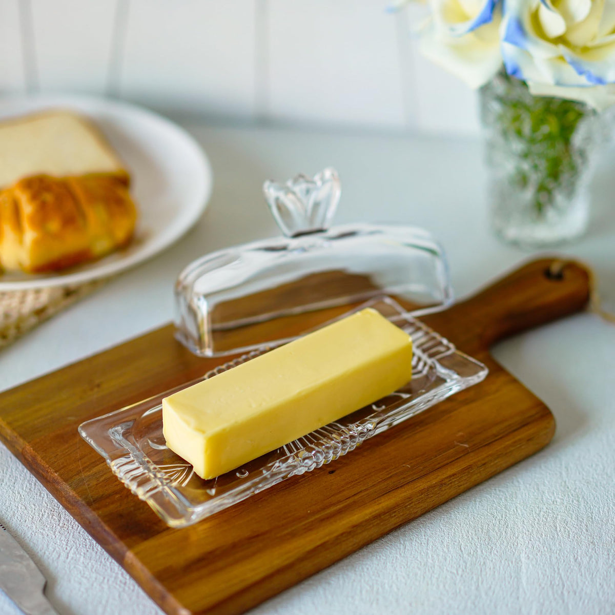 QFkris 7-inch glass butter dish with lid on the counter keeps butter fresh