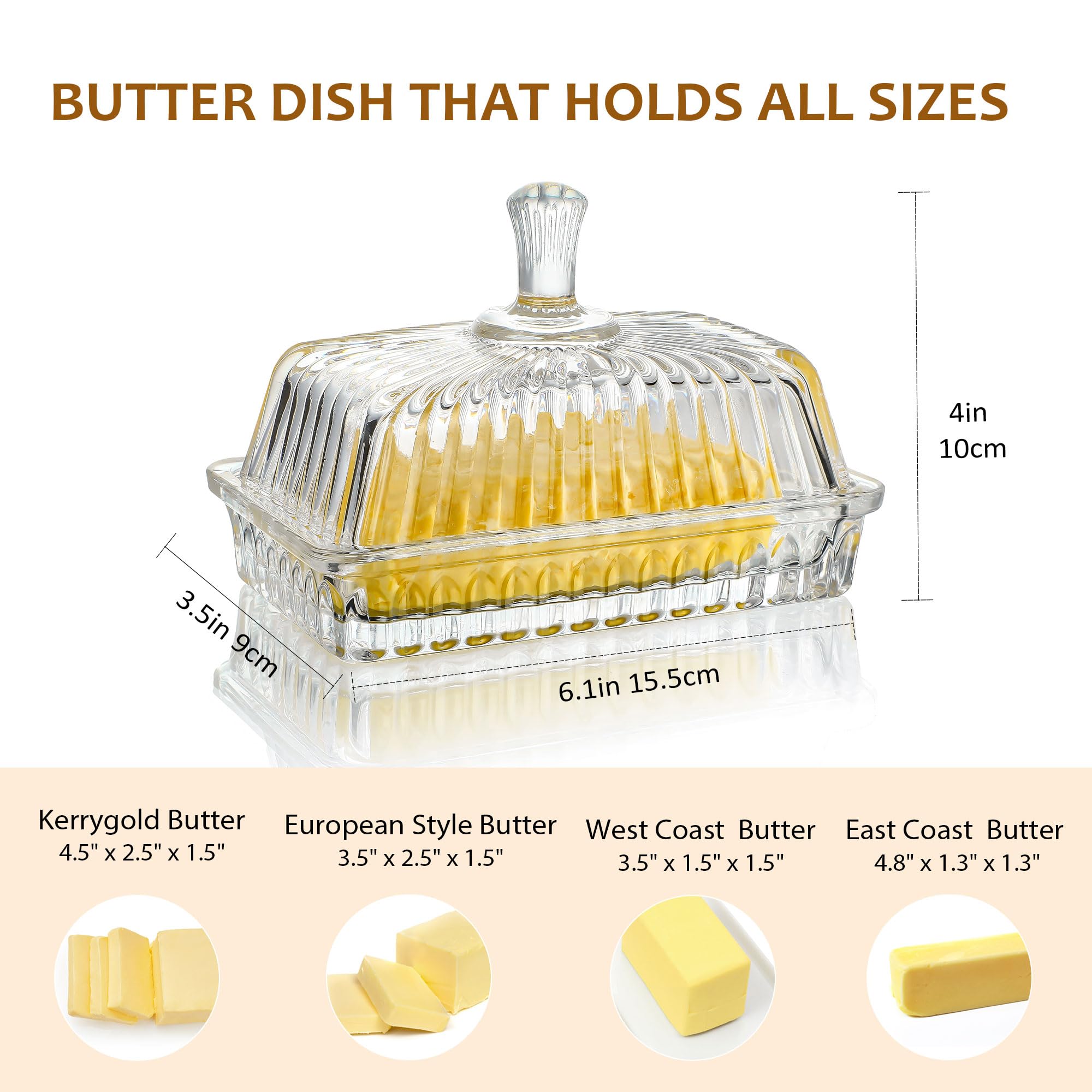 QFkris Clear Crystal Butter Dish with long handle lid pull for easy access.