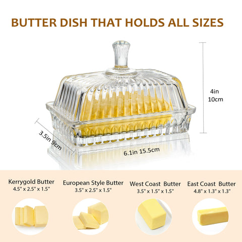 QFkris Clear Crystal Butter Dish with long handle lid pull for easy access.