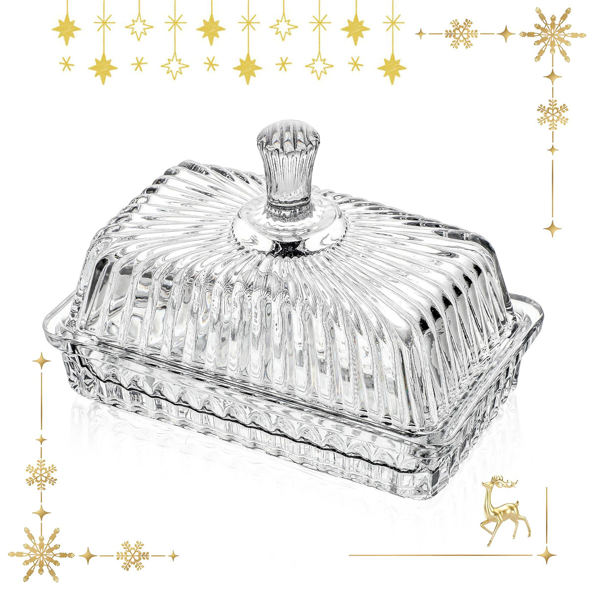QFkris Clear Crystal Butter Dish with Lid keeps butter dust-free on the counter.