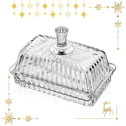 QFkris Clear Crystal Butter Dish with Lid keeps butter dust-free on the counter.