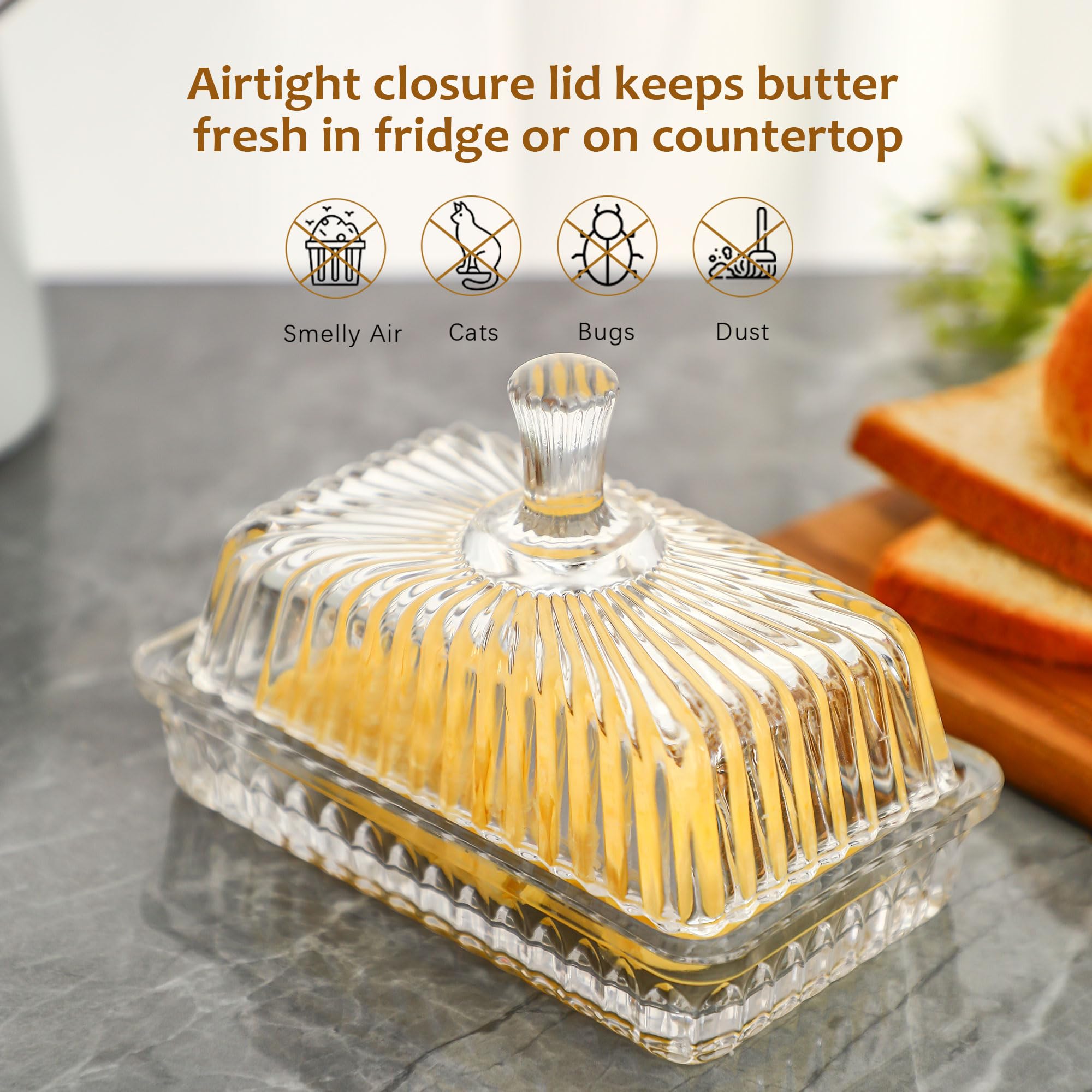 QFkris Glass Butter Tray on the countertop adds subtle elegance.