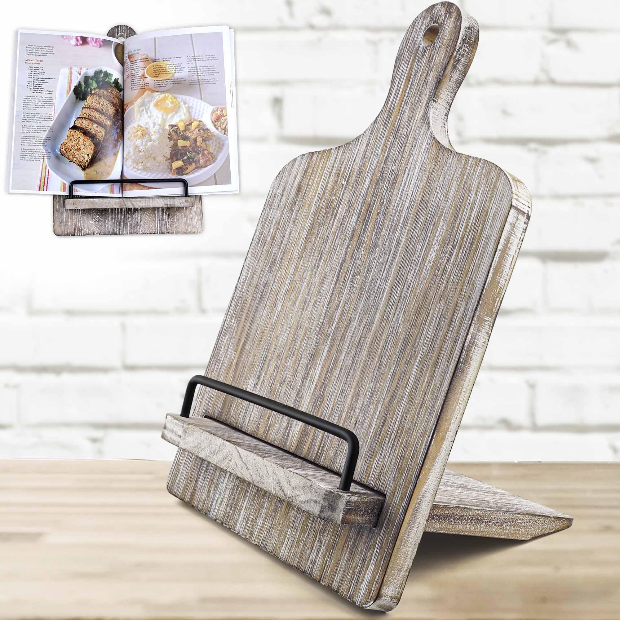 Qiang Ni cookbook stand with secure-hold for heavy cookbooks on the counter.