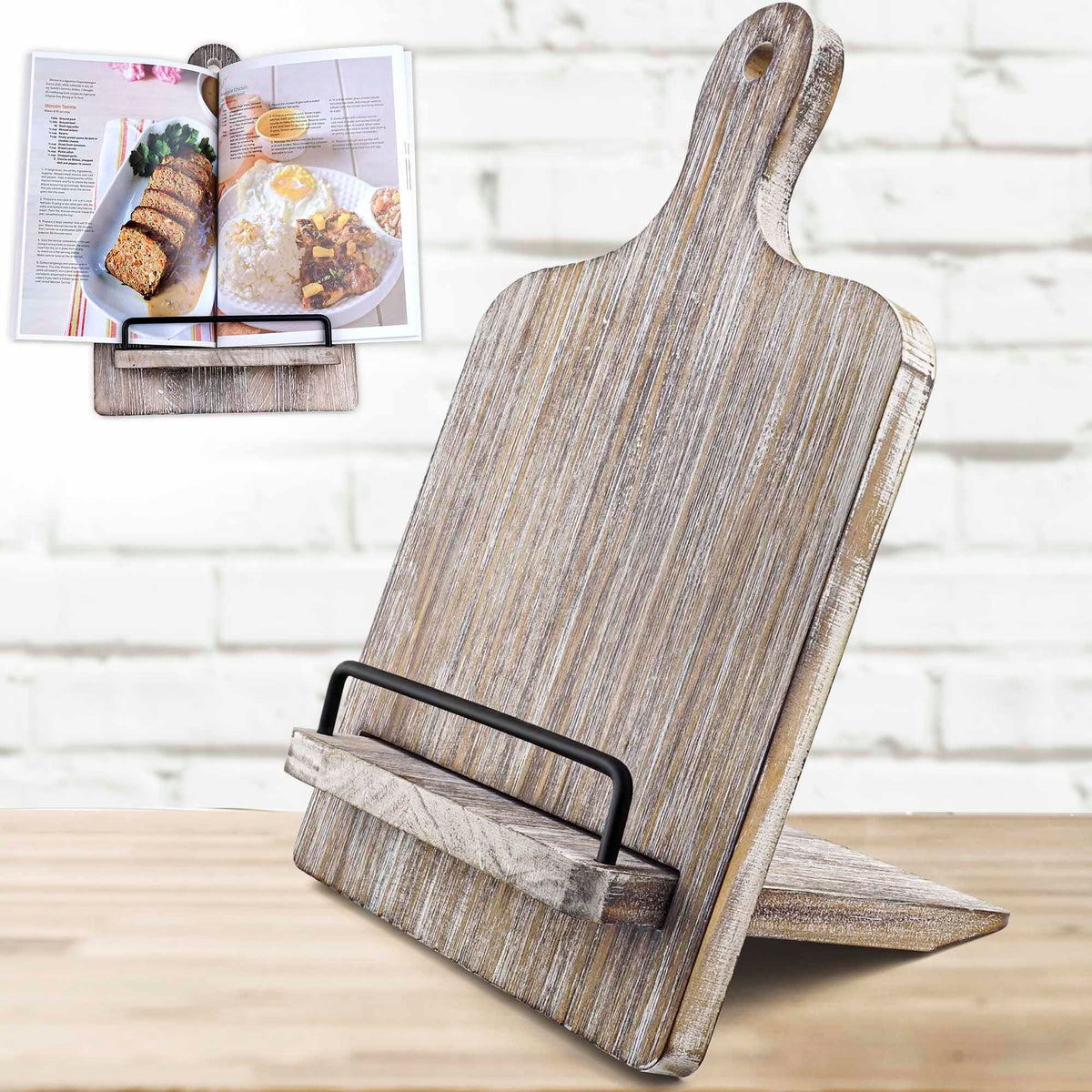 Qiang Ni cookbook stand with secure-hold for heavy cookbooks on the counter.