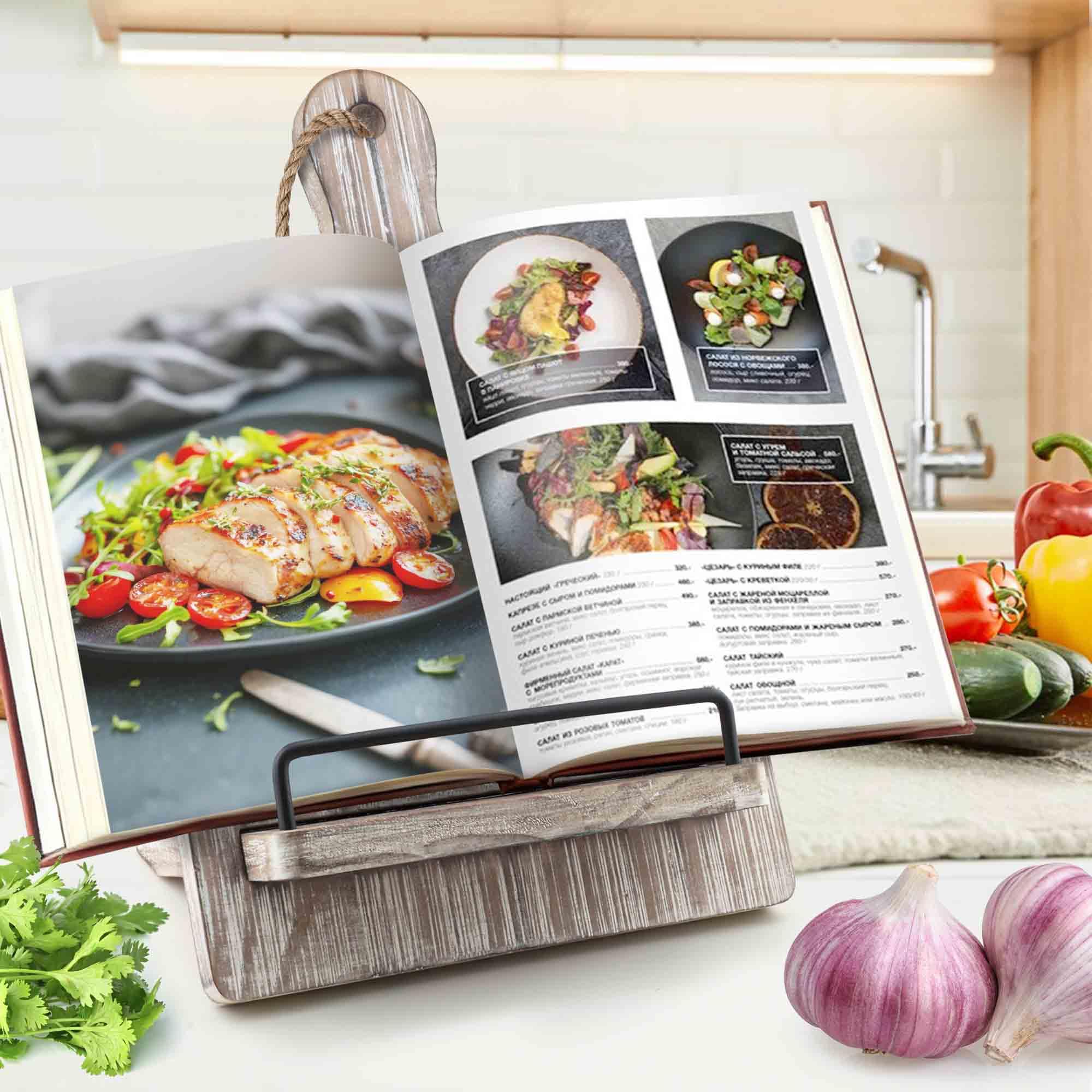 Qiang Ni cookbook stand demonstrating adjustable-angle for comfortable viewing.
