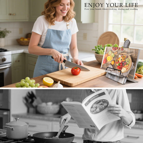 Qiang Ni cookbook stand supporting tablets and e-readers for hands-free recipes.