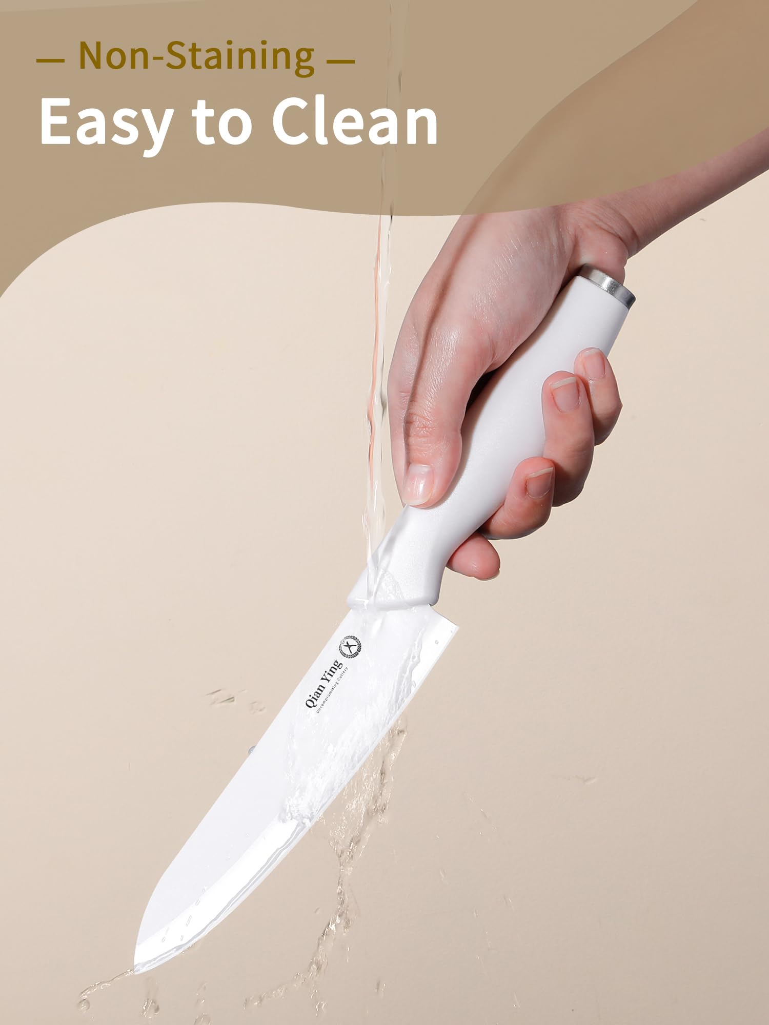 Qianying ceramic knife set white handle close up emphasizes clean lightweight design