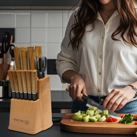 Qianying knife block with sharpener for edge maintenance.