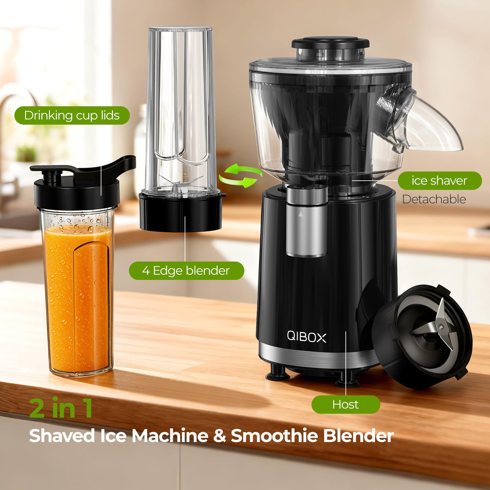 QIBOX 2-in-1 uses for shaved ice and smoothies at home.