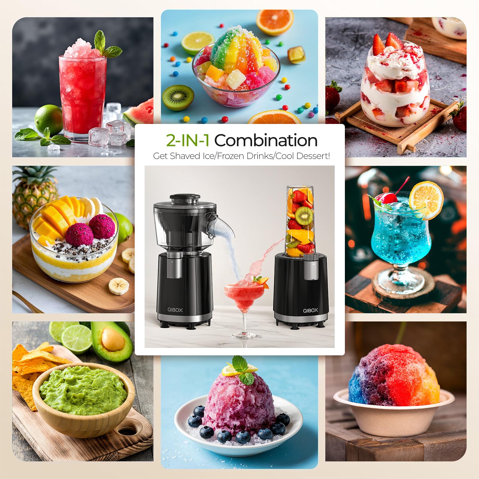 QIBOX stainless steel blades ensure smooth blending and shaved ice.