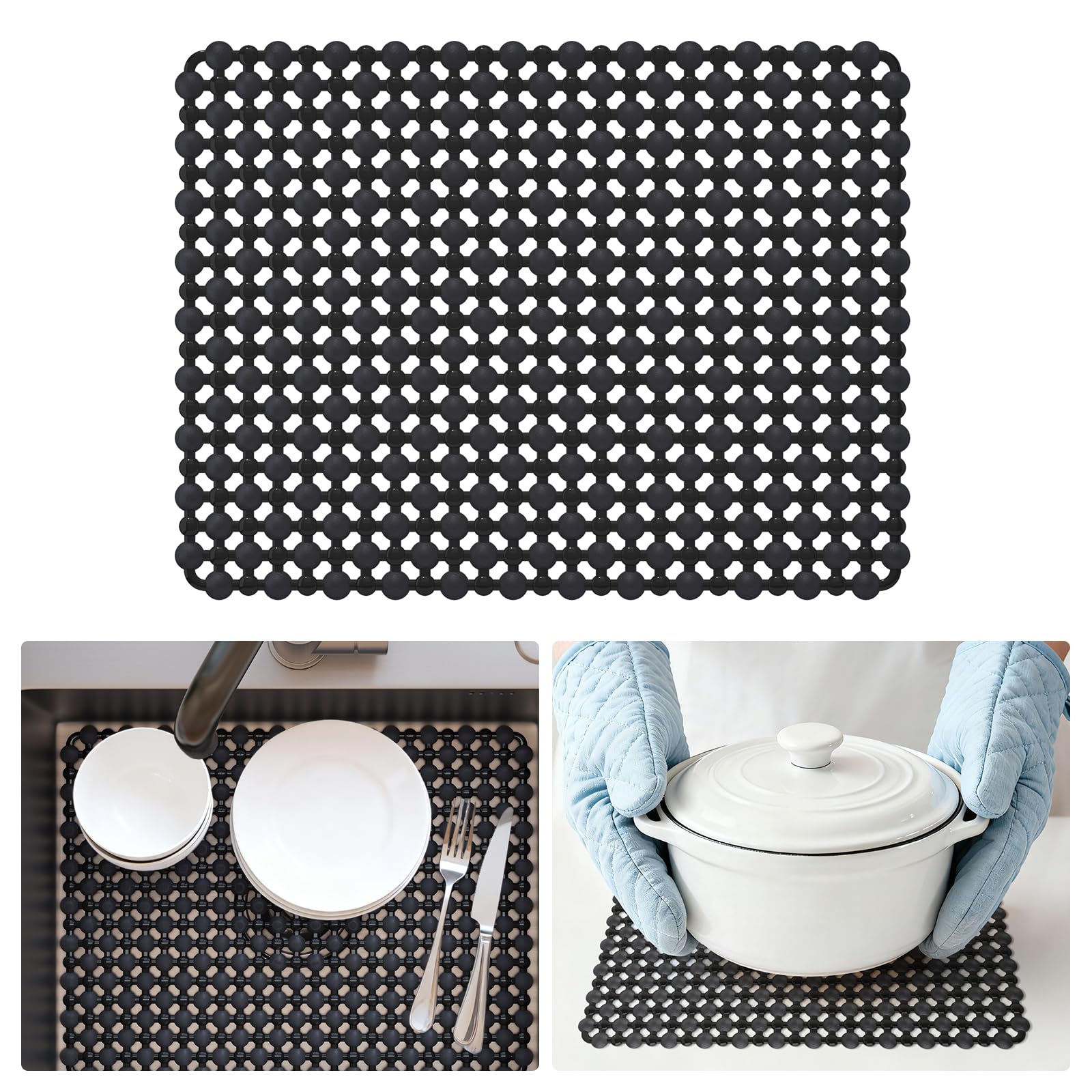 QiCaiJia trim-to-fit mat stays anchored on the sink bottom.