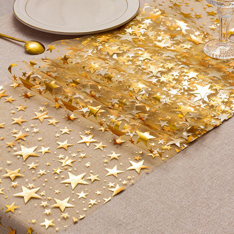 QILANJO Bling Star pattern gold table runner for festive table styling.