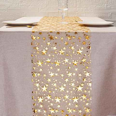 QILANJO transparent mesh table runner with gold star design for delicate table decor.