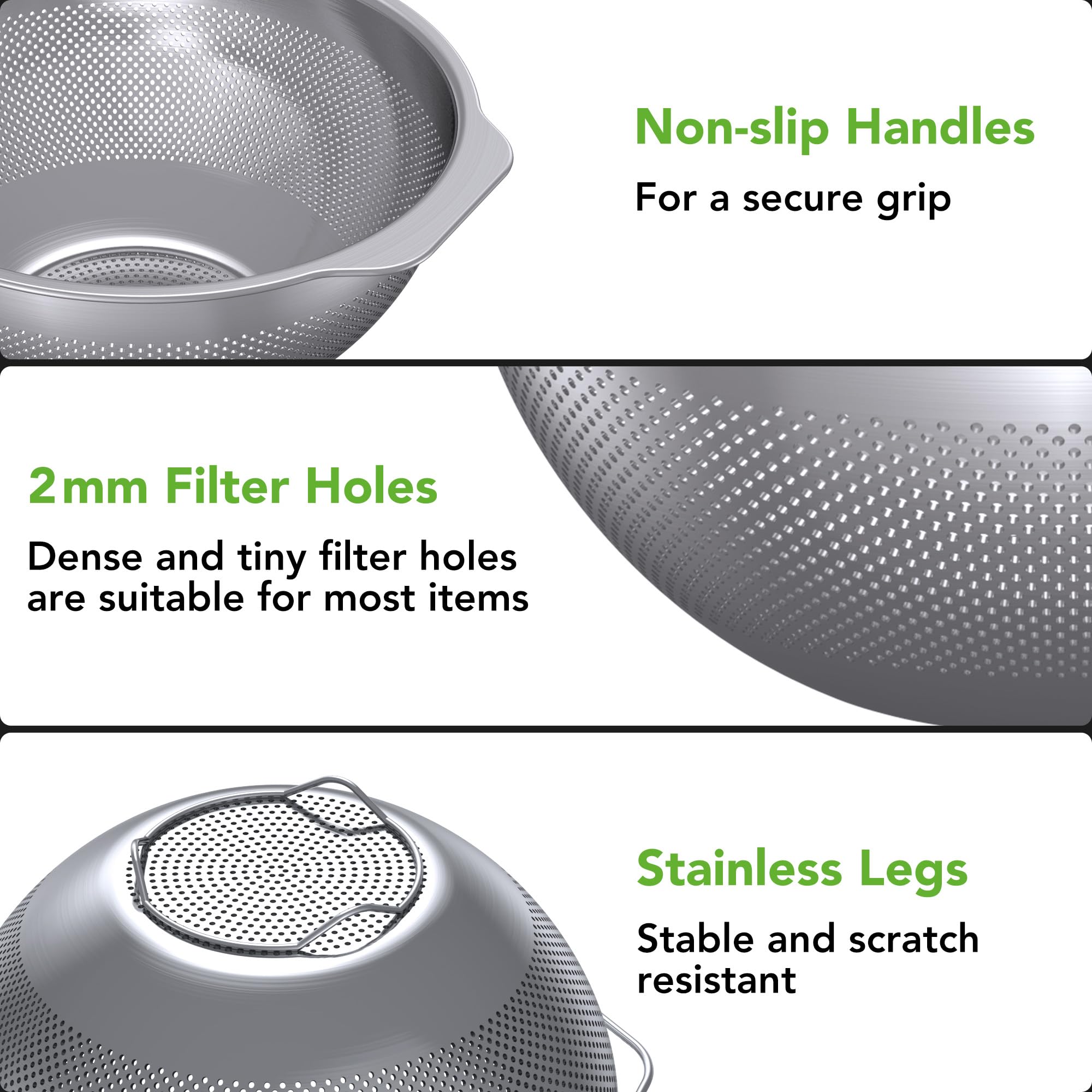 QiMH 6qt mixing bowl paired with 5qt colander for versatile, large-batch prep.