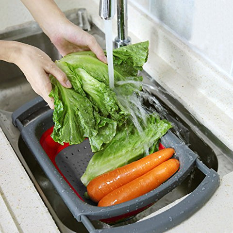 QiMH colander showing 6-quart capacity for pasta, vegetables, and fruit