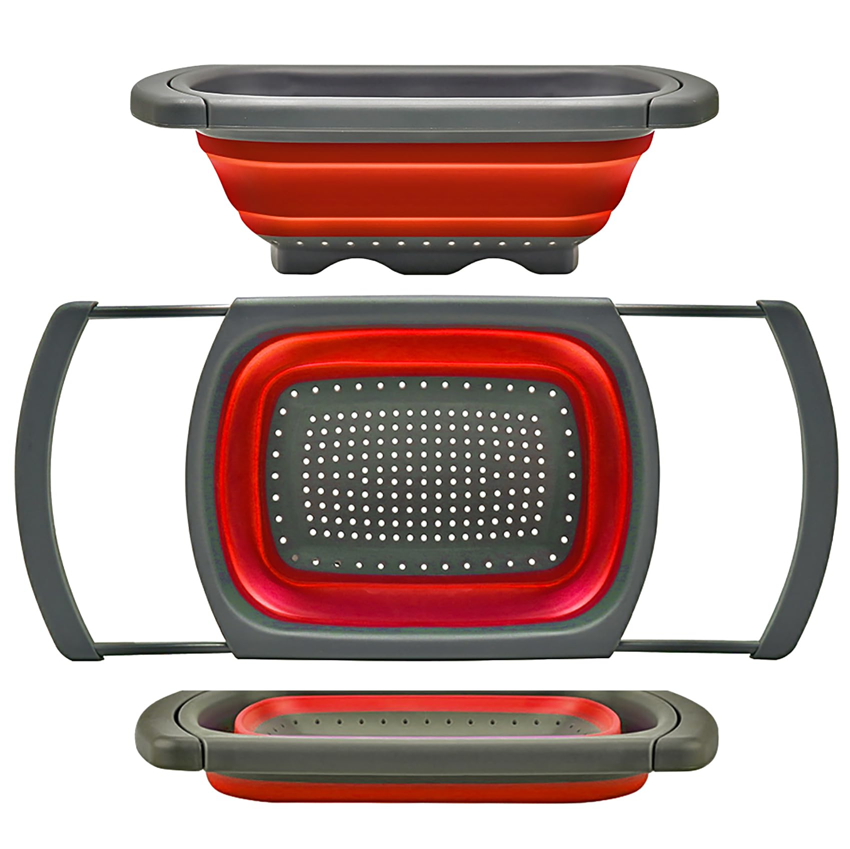 QiMH collapsible colander over sink demonstrating space-saving drainage for easy rinsing