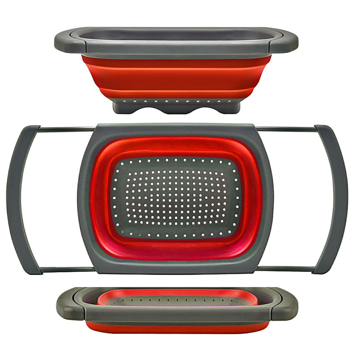 QiMH collapsible colander over sink demonstrating space-saving drainage for easy rinsing