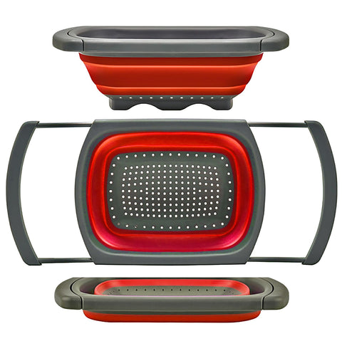 QiMH collapsible colander over sink demonstrating space-saving drainage for easy rinsing
