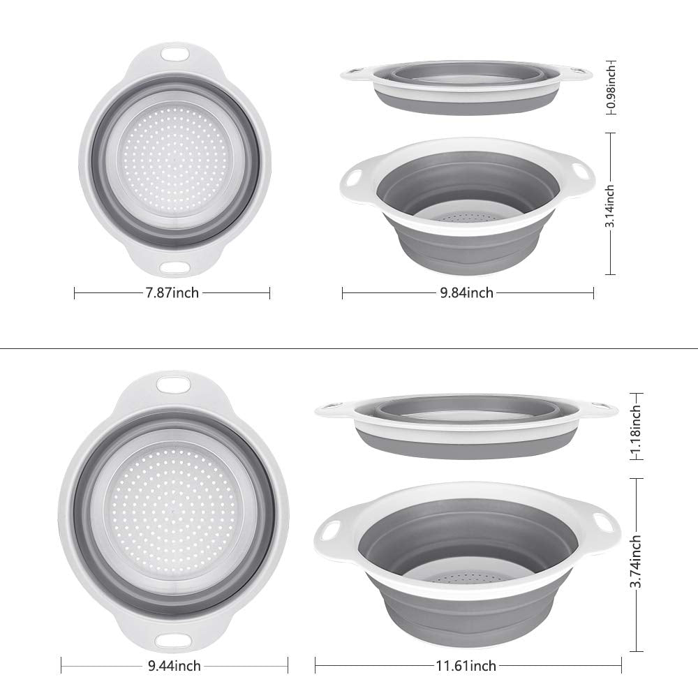 QiMH collapsible colander collapsed for compact storage in small kitchens.