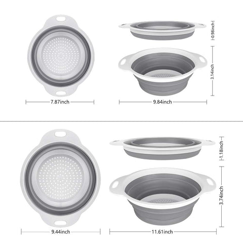 QiMH collapsible colander collapsed for compact storage in small kitchens.