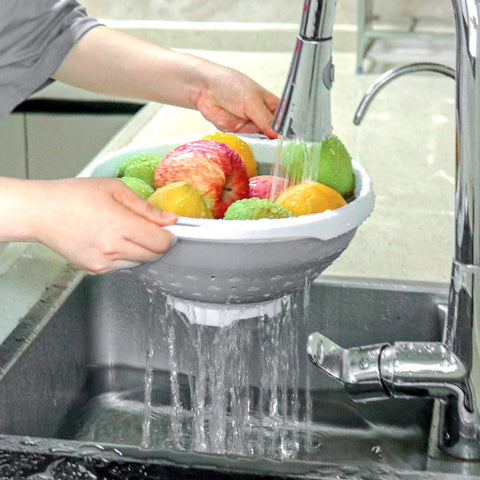 QiMH collapsible colander flat folded displays compact profile for cabinets.