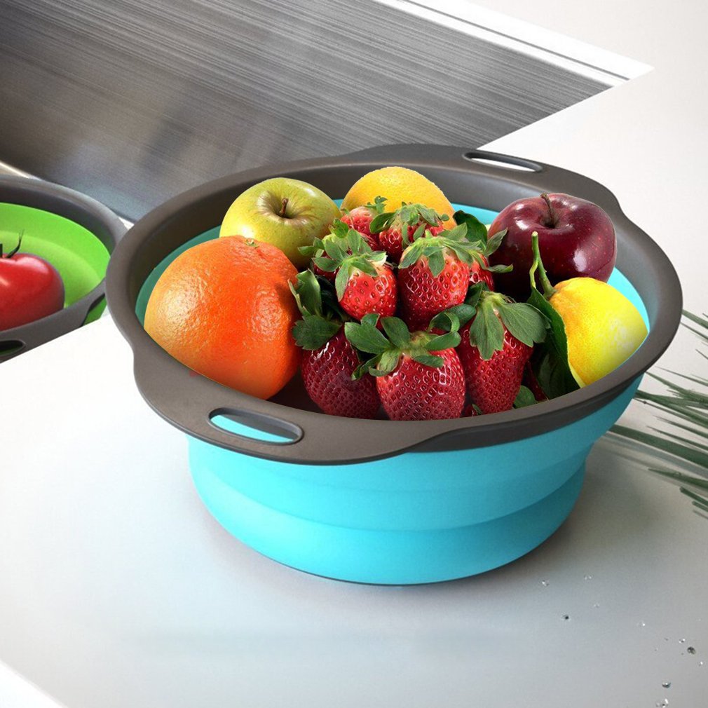 QiMH colander over-sink use for hands-free draining.