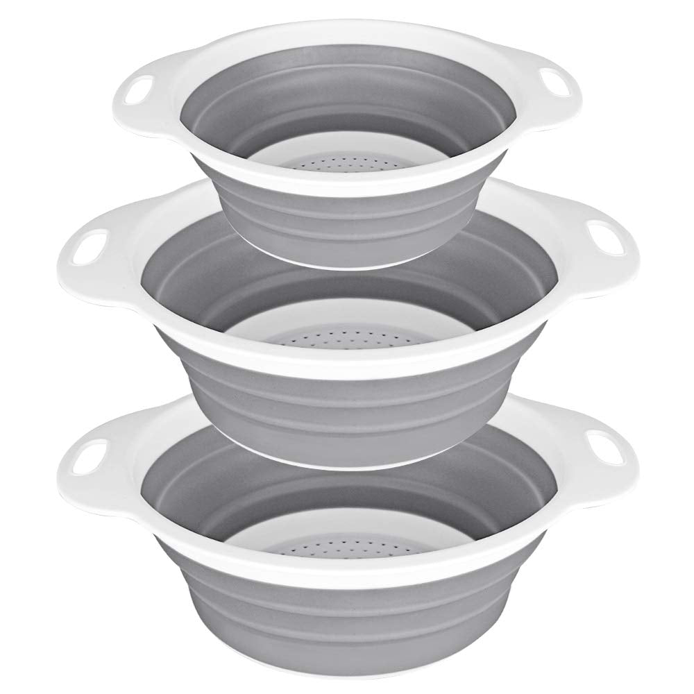 QiMH collapsible colander set in 4qt and 2qt sizes for fast pasta draining.