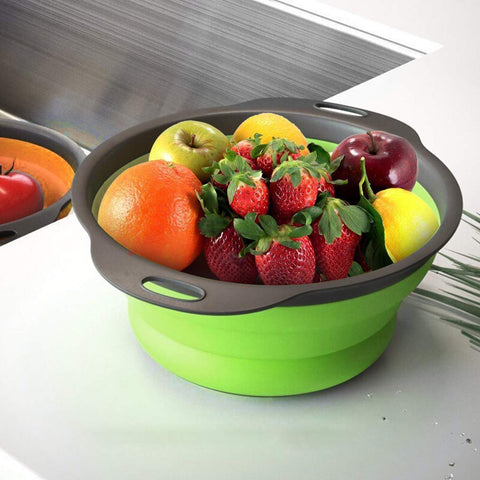 QiMH colander used to rinse vegetables and pasta efficiently.