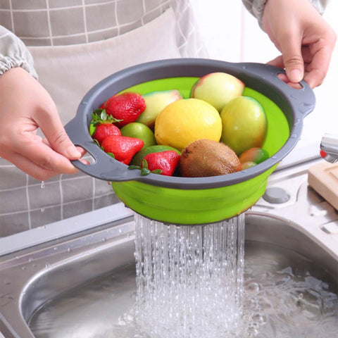 QiMH colander with silicone edge folds flat for storage