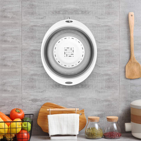 QiMH folding colander kitchen storage demonstrates space-saving design on a shelf.