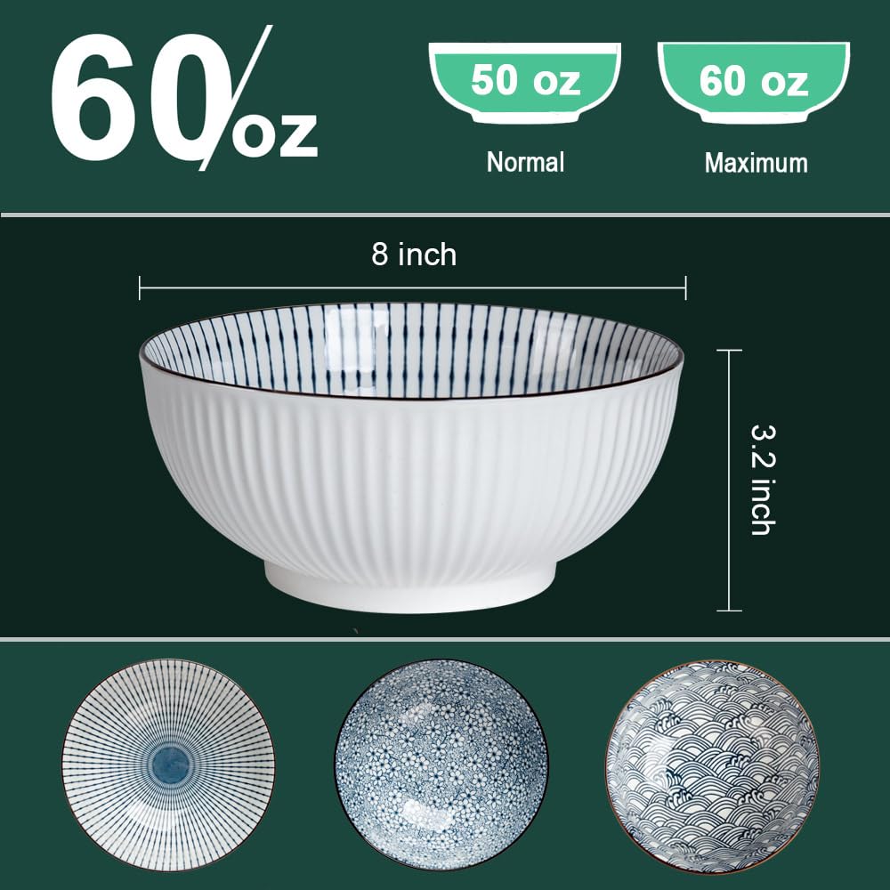 QINLANG 8-inch ramen bowl in blue and white porcelain for hearty noodles