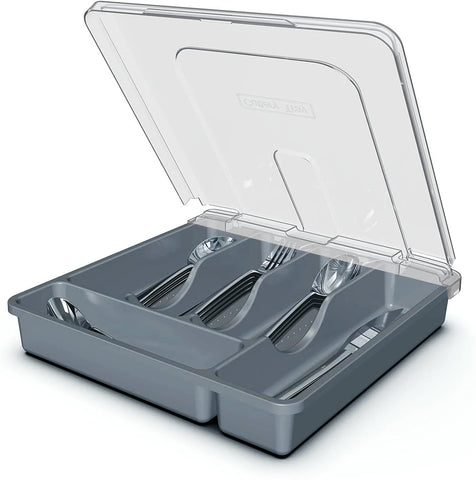 QINOL silverware organizer with cover showing a tidy countertop and easy access.