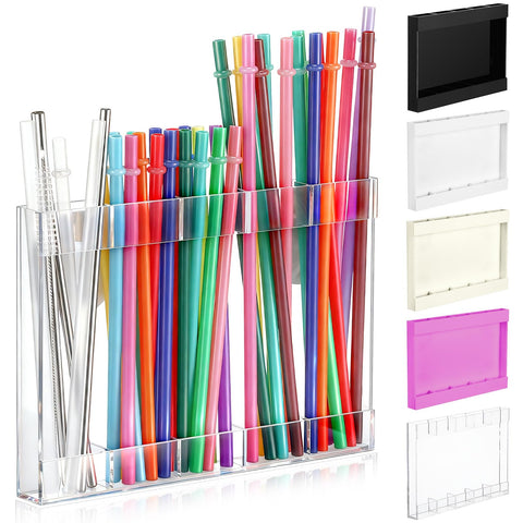 Qinyoung acrylic straw holder on cabinet door keeps straws organized and accessible.